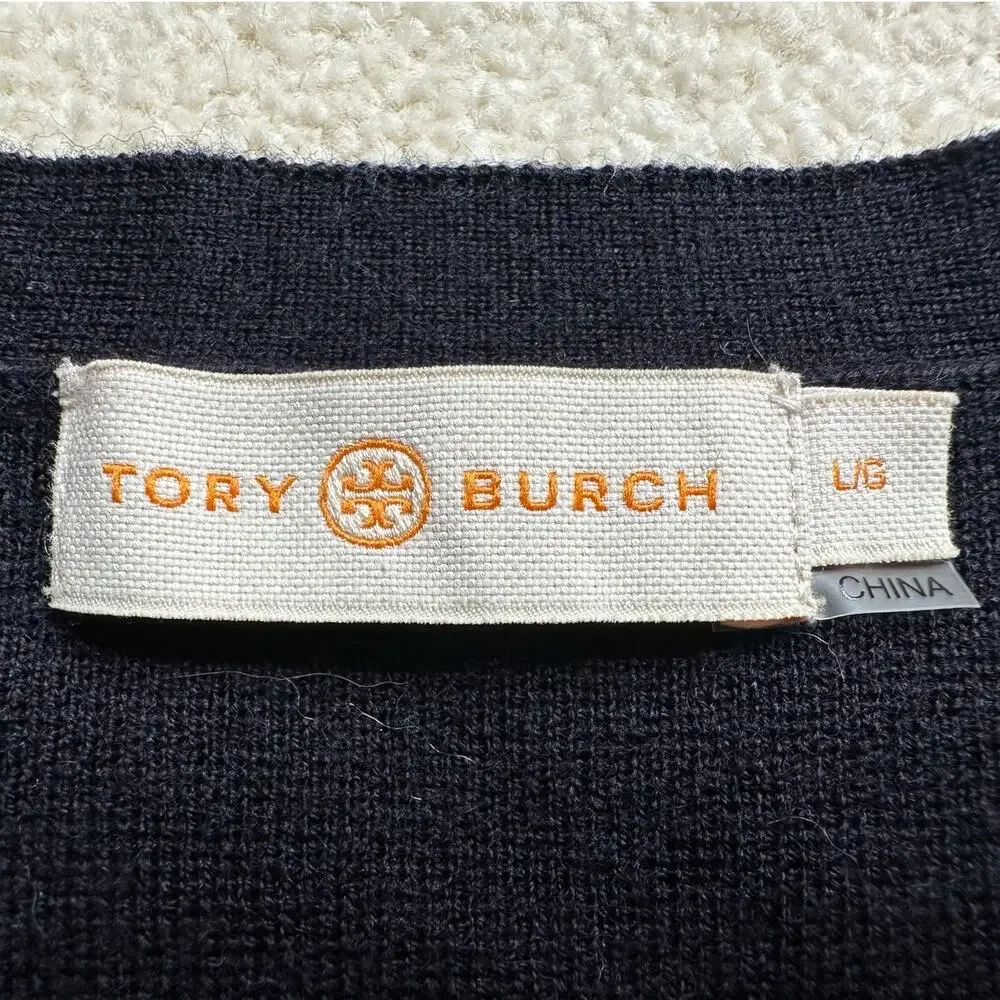 Tory Burch: Merino Wool Navy Velvet Lace Button Front Knit Cardigan